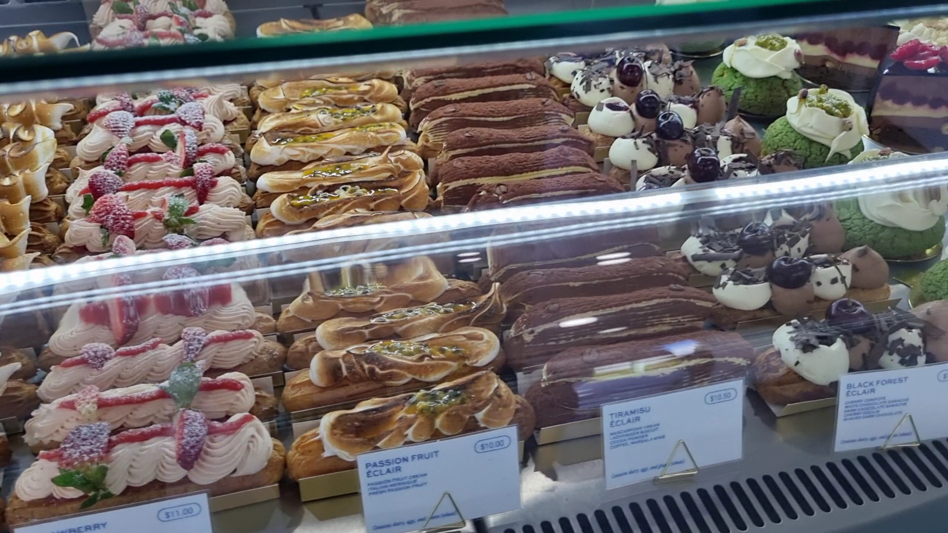 Eclair at the Bay: appetizing display of fresh pastries