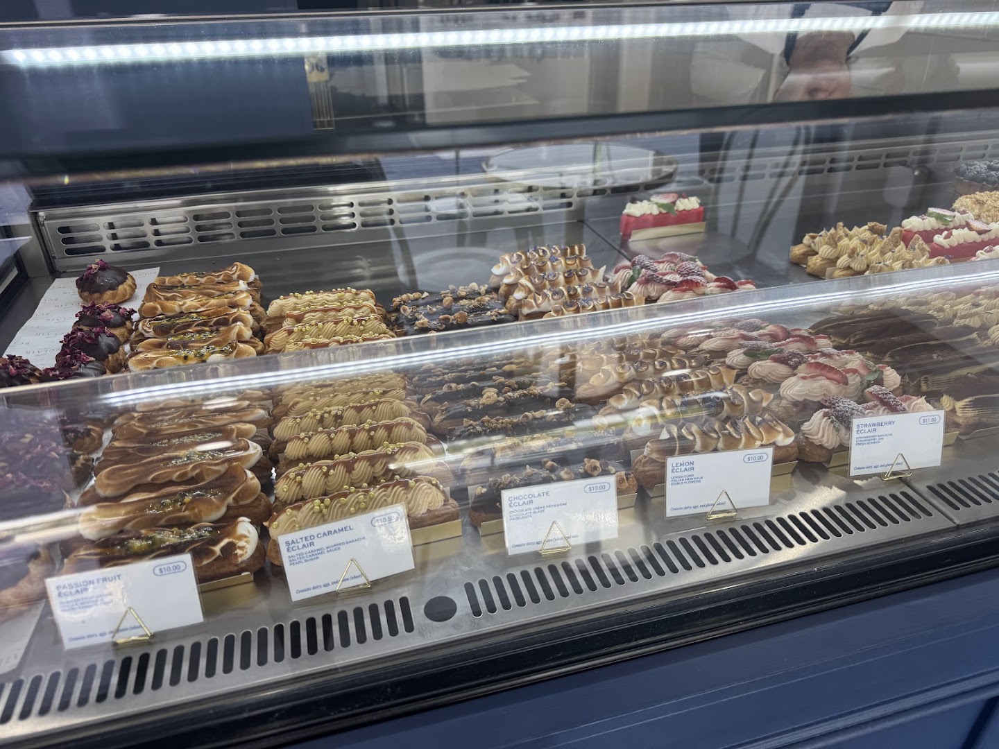 Eclair at the Bay: appetizing display of fresh pastries