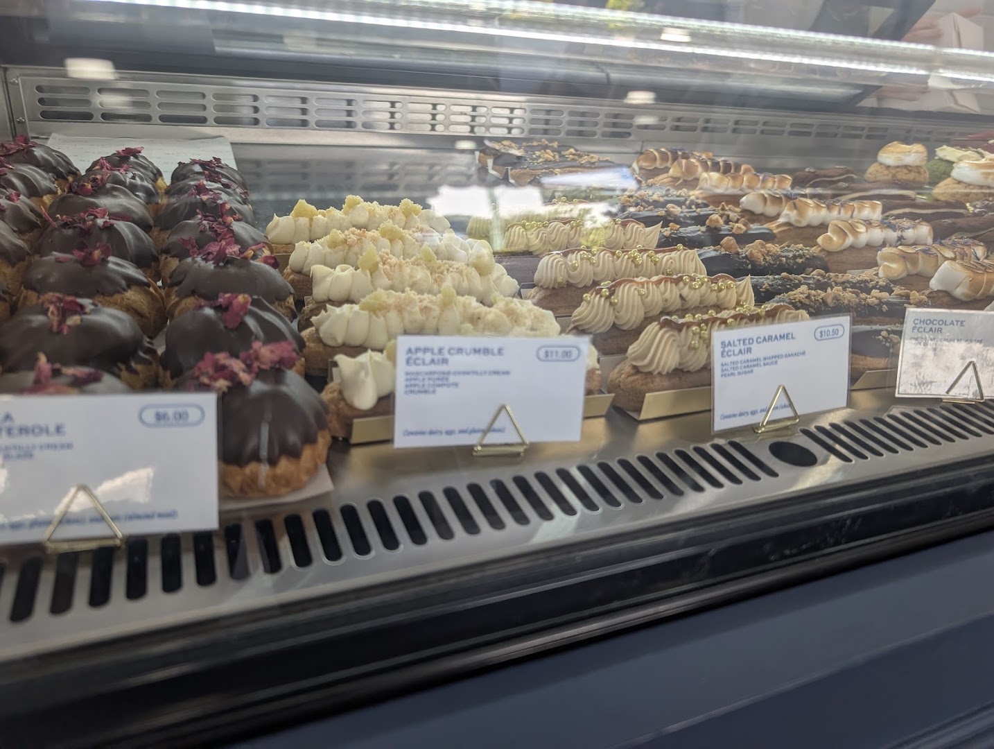 Eclair at the Bay: appetizing display of fresh pastries