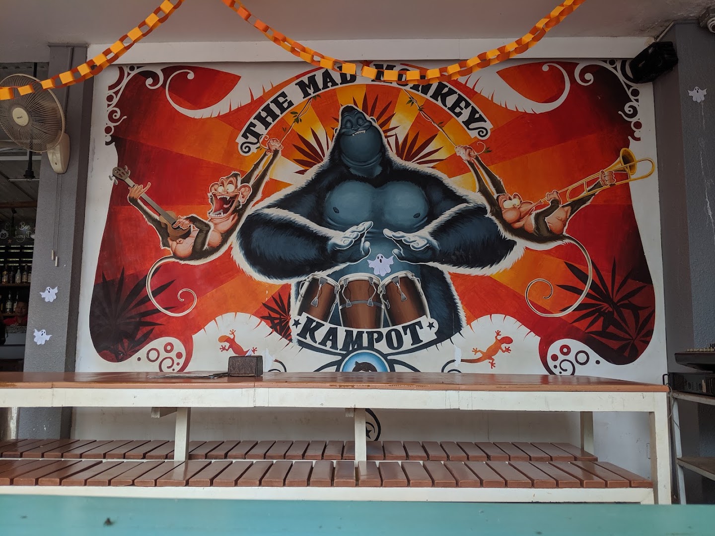 Mad Monkey Kampot: venue's vibrant interior mural