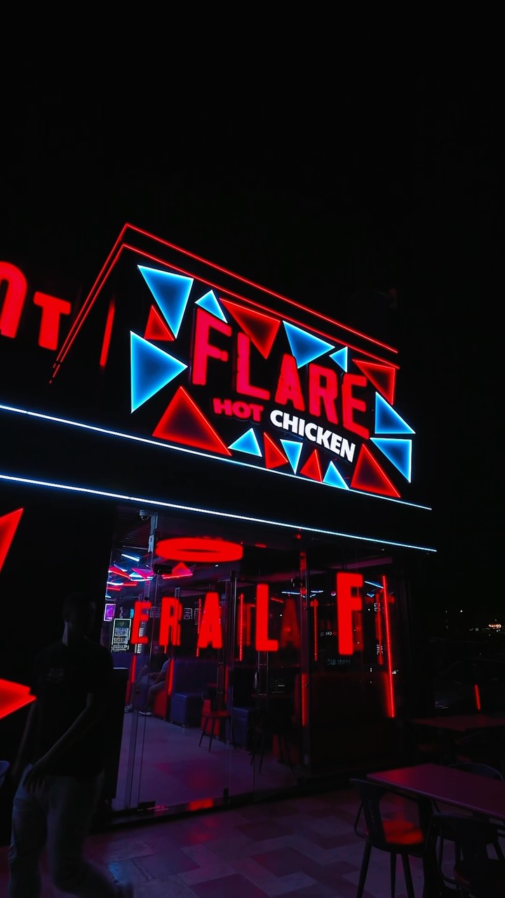 Flare Hot Chicken: clear, professional night exterior shot