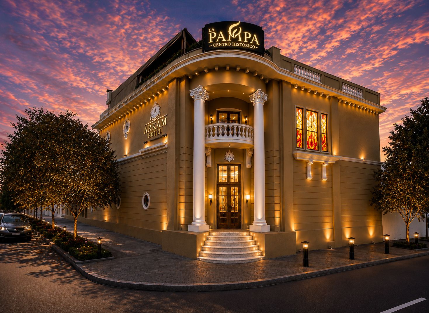 Hotel Arkam: professional exterior shot at sunset