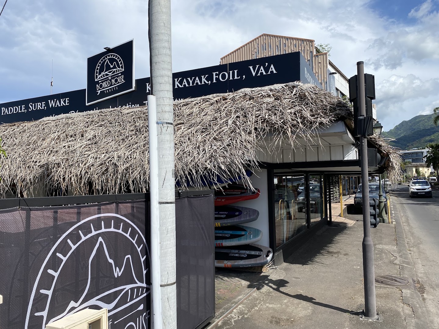 The Board House Tahiti: clear storefront showing shop branding