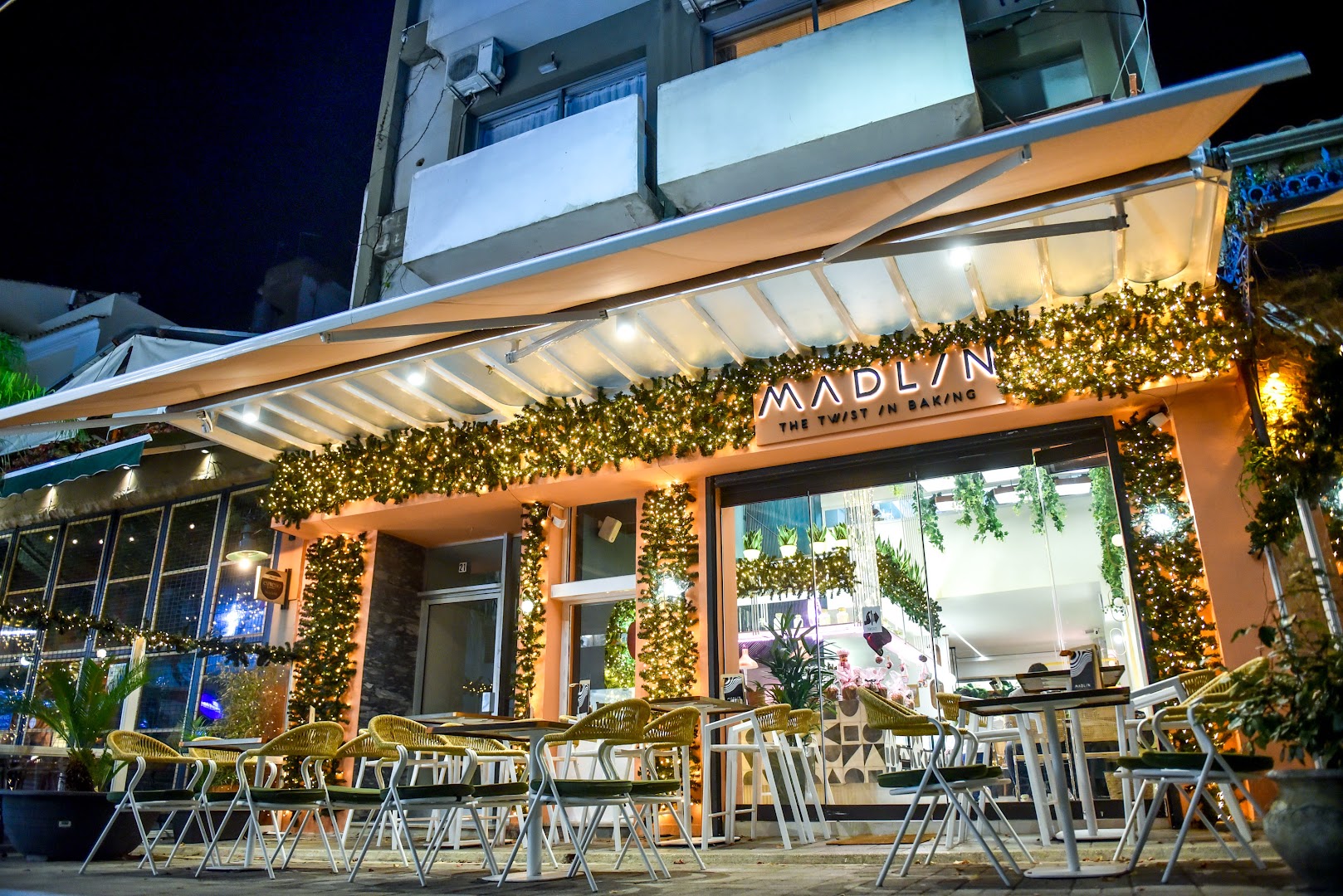 Madlin Bakery: attractive, professional exterior night shot