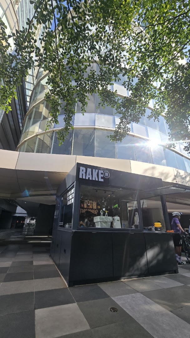 Rake In: clear exterior shot of venue