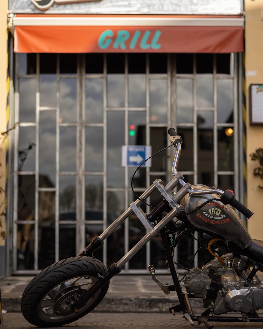 Garage: atmospheric exterior shot fits theme