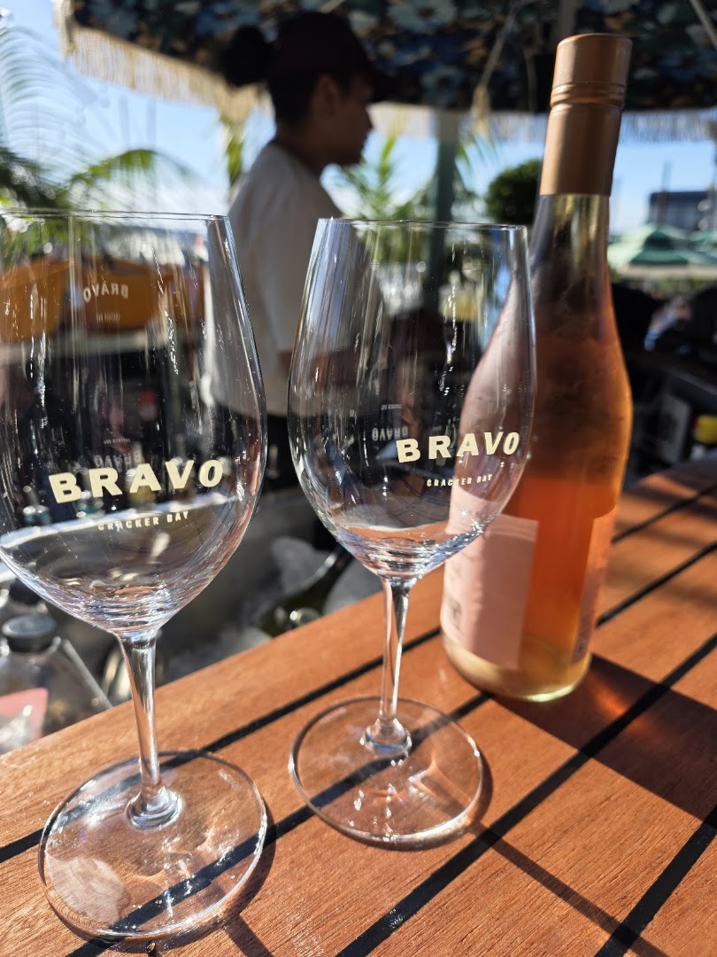Bravo at Cracker Bay: attractive branded glassware and wine