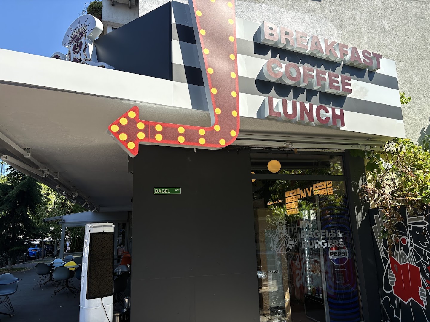 NY Bagels & Burgers: clear exterior shot of venue