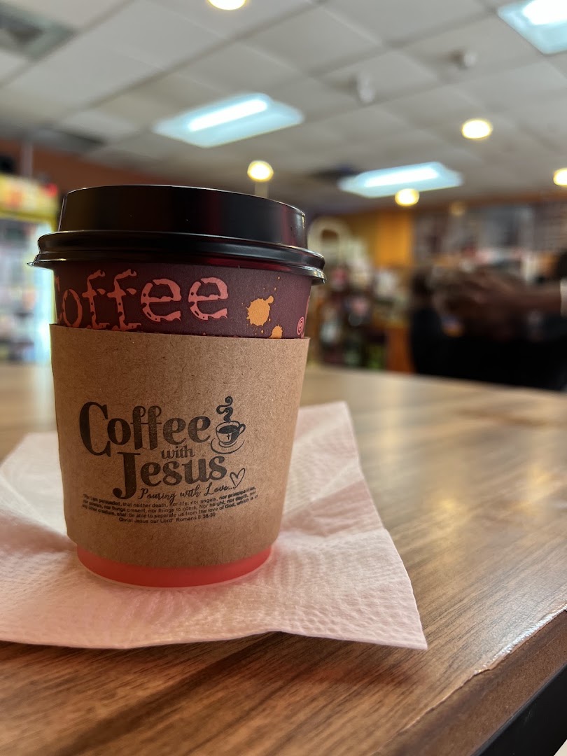 Coffee with Jesus: clear photo of branded coffee