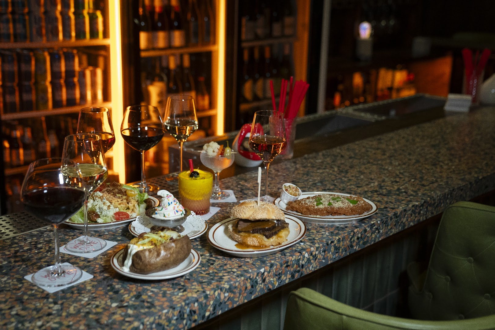 Wine Dive: appetizing food and drink display