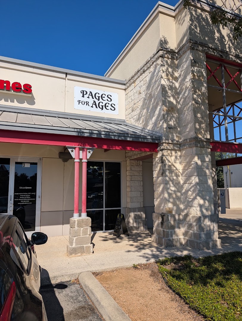 Pages for Ages: clear storefront photo showing signage