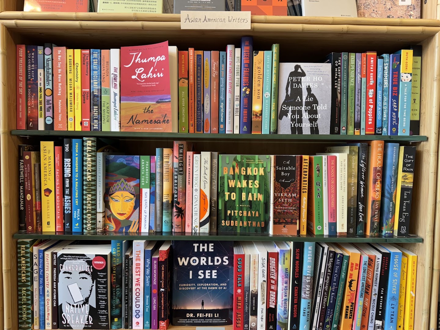 JF Books: clear, well-lit bookstore shelf display